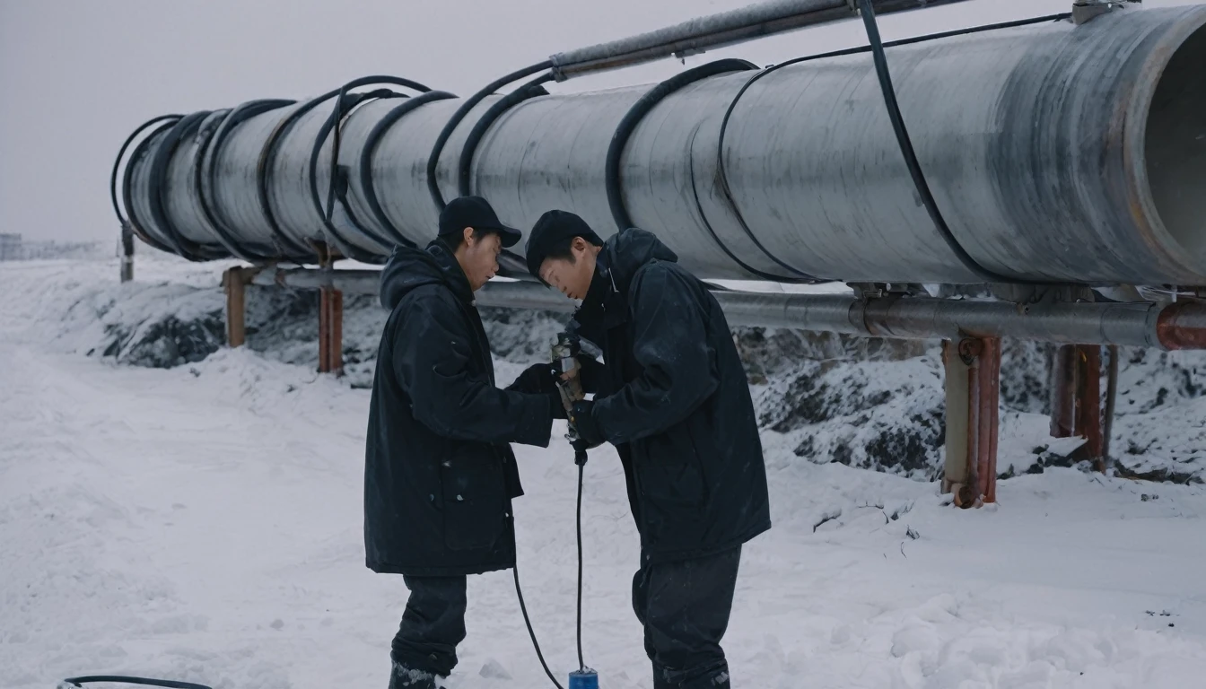 Two 20-year-old men working on a pipeline,Wearing black cotton jacket,Asian,Huge pipe,Use a large wrench,A huge valve that opens half the screen,A huge valve that takes up half of the screen,Painful expression,With cap,indoor,cold,Snow Covered,snowstorm,Gloomy sky