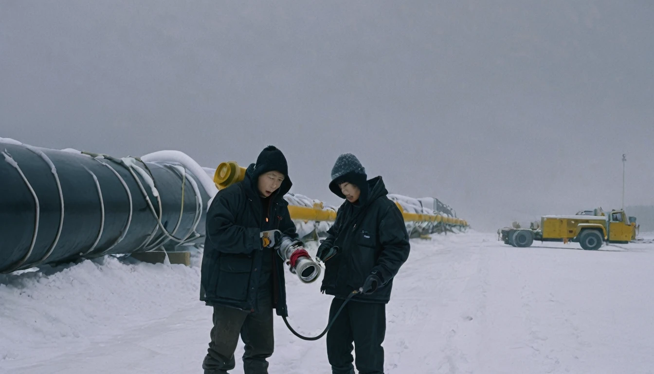 Two 20-year-old men working on a pipeline，Wearing black cotton jacket，Asian，Huge pipe，Use a large wrench，A huge valve that opens half the screen，A huge valve that takes up half of the screen，Painful expression，With cap，indoor，cold，Snow Covered，snowstorm，Gloomy sky