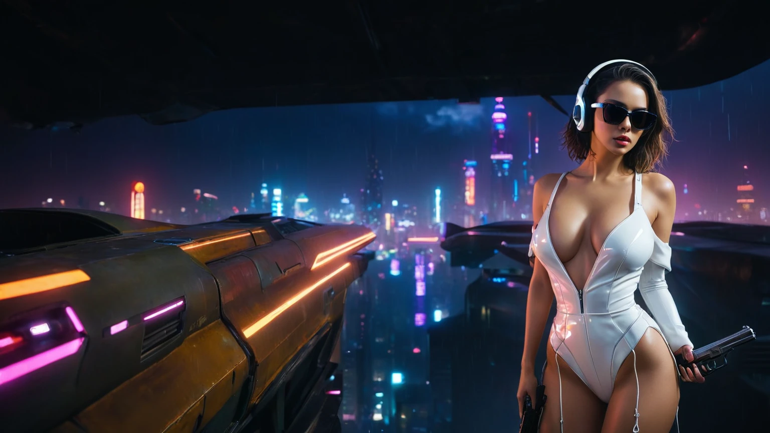 (aerial view, a flying cars docking platform, a very dark abandoned futuristic city, neon lights), rainy night. (((1girl, solo, alone))), large-breast:1.2 slim body, cleavage:1.1, sexy wind blowing wet dress:1.4, (((headphone, black sunglasses, standing and holding (pistol:1.8), dynamic rushing pose))), (((((half-body thigh level medium shot))))), cinematic lighting, lens flare, ray tracing.