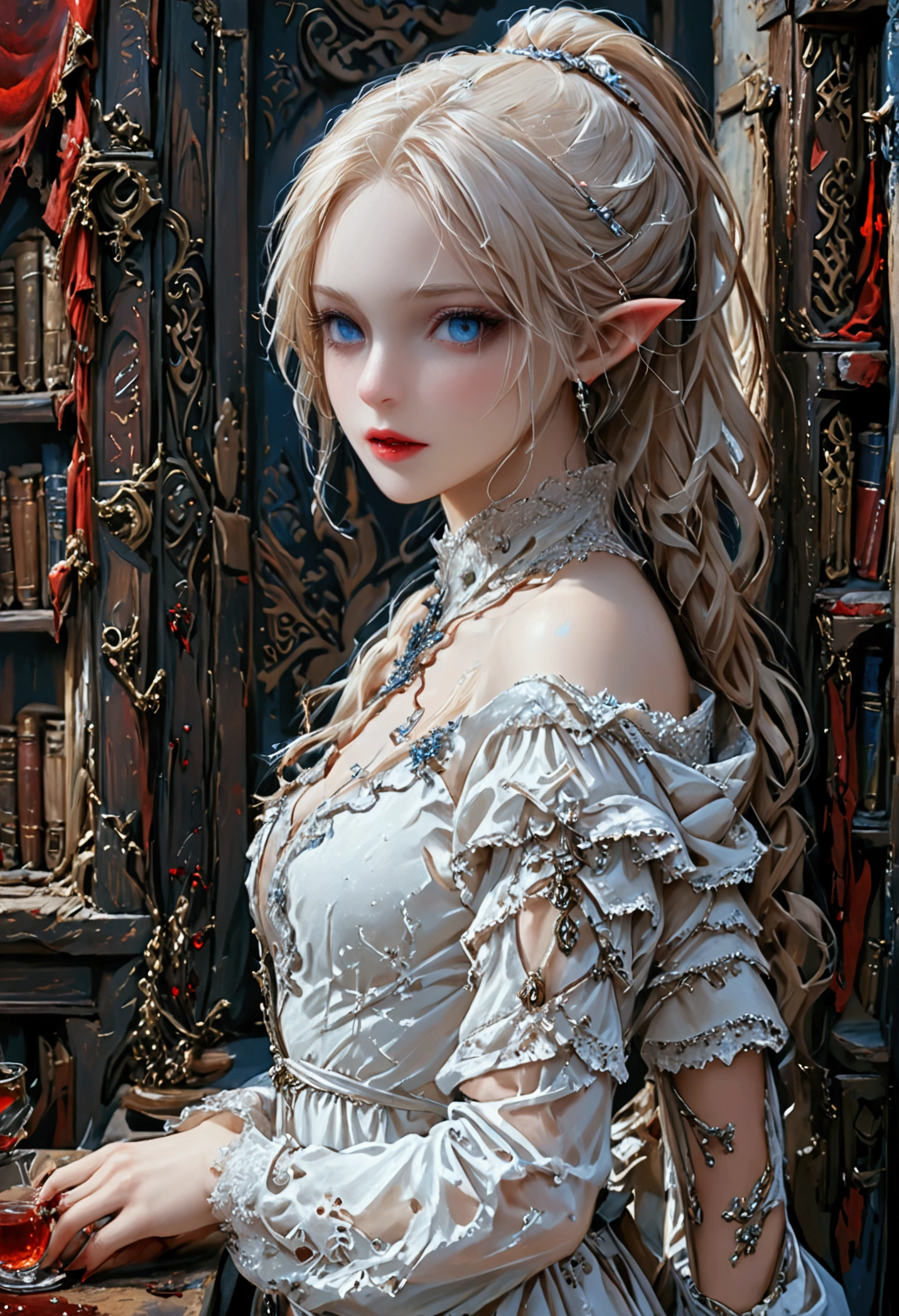 arafed a picture of elf vampire in her castle. an exquisite beautiful female elf vampire (ultra details, Masterpiece, best quality), bloody mouth blond hair, pale skin, hair in a ponytail, long hair, blue eyes, small pointed ears, cold eyes, smirking, wearing white dress (ultra details, Masterpiece, best quality), red cloak, in dark fantasy library, book shelves, arafed high details, best quality, 16k, [ultra detailed], masterpiece, best quality, (ultra detailed), full body, ultra wide shot, photorealism, RAW, dark fantasy art, gothic art, ArmoredDress, Dark Novel, Dark Art Painting Style, dripping blood, wearing Haute_Couture designer dress