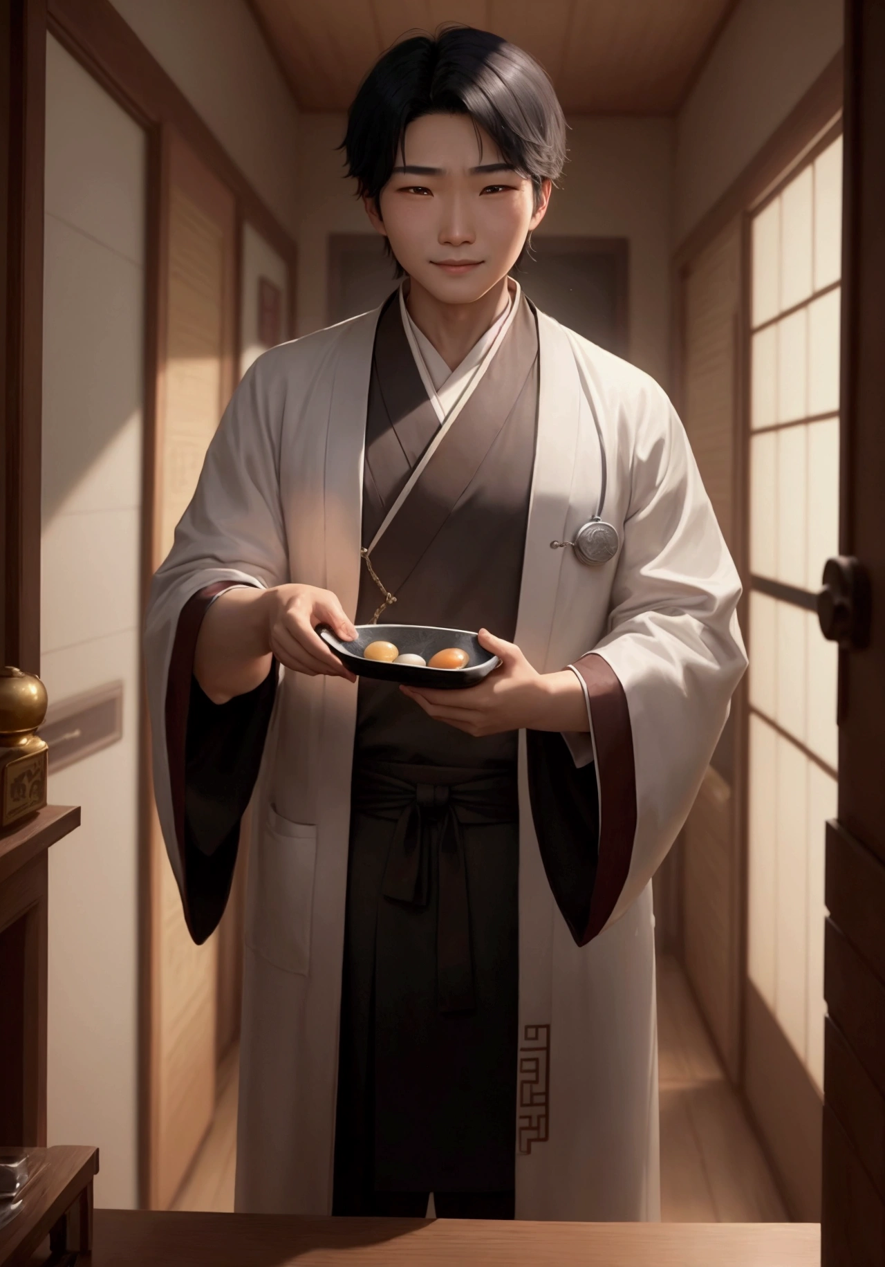 "14-year-old male Han Li, wearing Chinese robes, black hair and brown eyes, asks for the antidote to a poisoned pill. Doctor Mo delivers the pill without hesitation, and Han Li swallows it, relieving his pain gradually. Doctor Mo A 60-year-old male, gray-haired man wearing Chinese robes looks on with a calculated smile, revealing his hidden intentions."