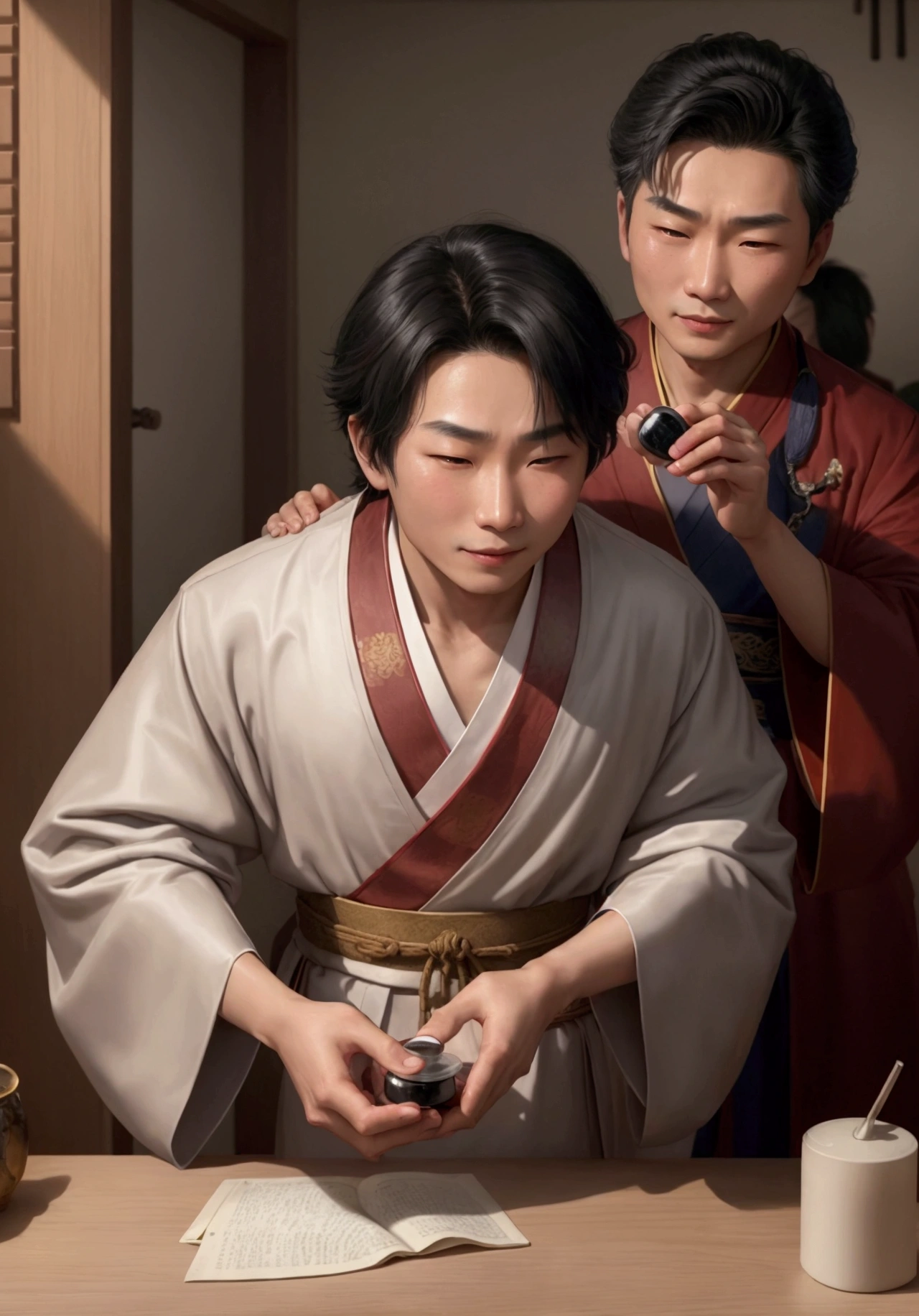 "14-year-old male Han Li, wearing Chinese robes, black hair and brown eyes, asks for the antidote to a poisoned pill. Doctor Mo delivers the pill without hesitation, and Han Li swallows it, relieving his pain gradually. Doctor Mo A 60-year-old male, gray-haired man wearing Chinese robes looks on with a calculated smile, revealing his hidden intentions."