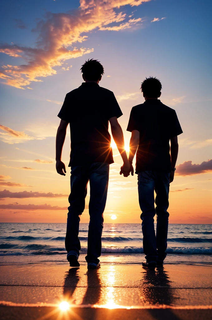 Create an image that illustrate a sunset with 2 men holding their hands make it younger version make it anime version
