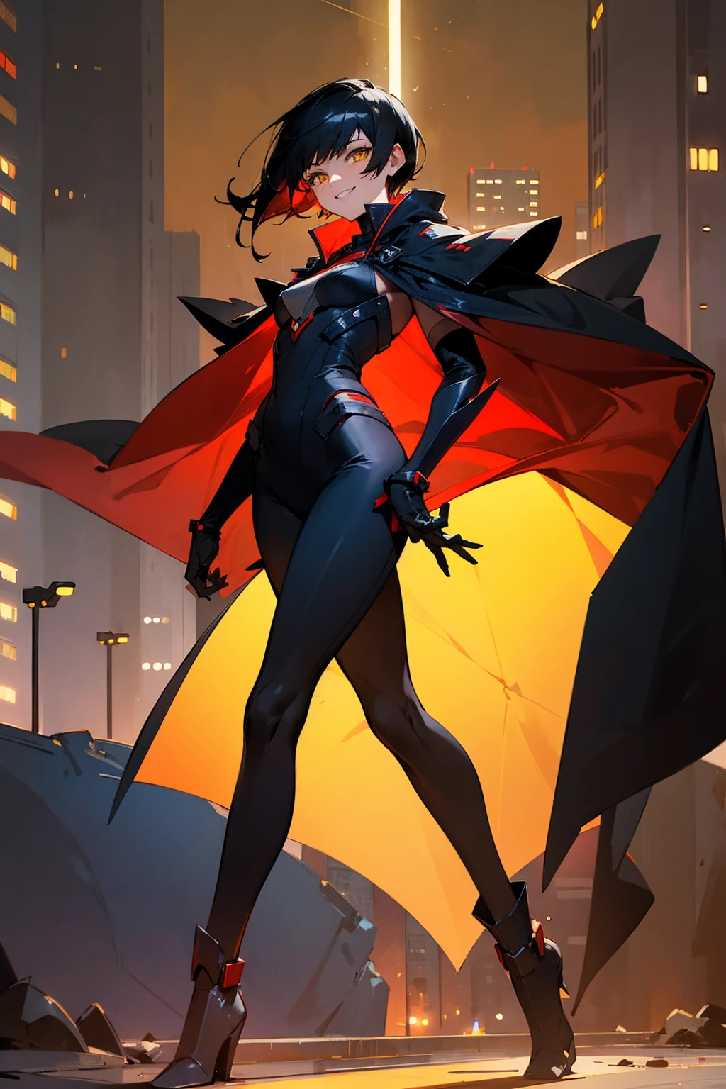 1female, black hair, yellow eyes, smiling expression, short spiked hair, red core, dark cloak, red super suit, city background, detailed background, detailed face, standing, walking on path, hands to side