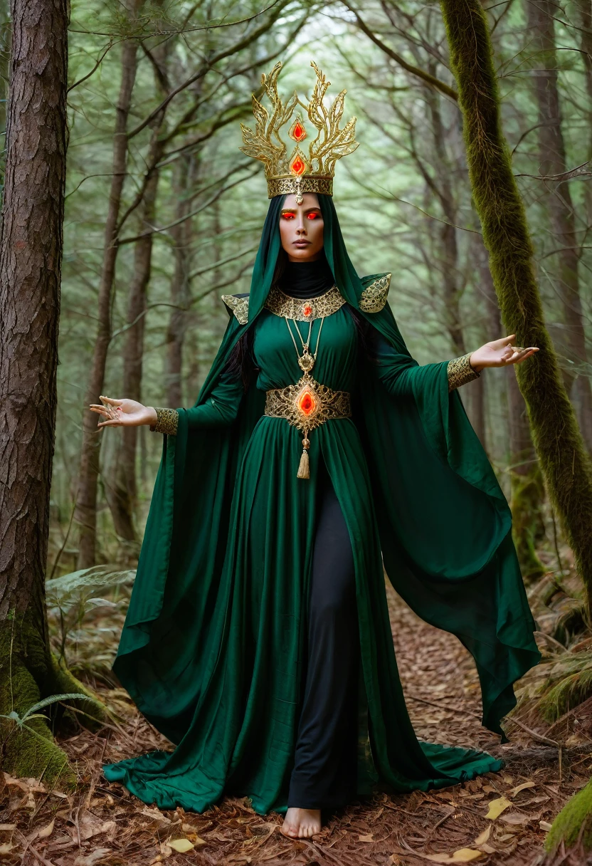 a dark sect in the forest, with a goddess with a diamond crown and fiery eyes levitating, green clothes with gold gilt
