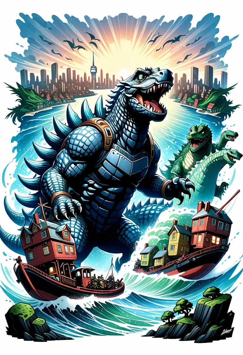 godzilla rising over the ocean with a city in the background, studio ghibli and dan mumford, in the style dan mumford artwork, inspired by Dan Mumford, ( ( ( ( ( dan mumford ) ) ) ) ), by Dan Mumford, in the art style of dan mumford, el bosco and dan mumford, dan mumford paint, fractal thunder dan mumford, godzilla portrait, kaiju