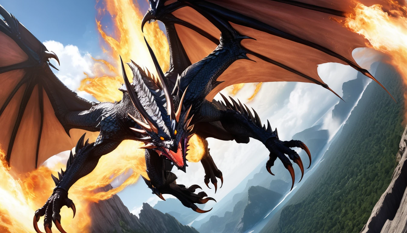 Realistic photos, RAW Photos, Bahamut, attacks viewer, Powerful movements, jump on prey, ((Dynamic jump)), Sharp Claws, Bahamut approaching from above, sudden approach, Bad-tempered, dynamic Shot from grand, flame magic
