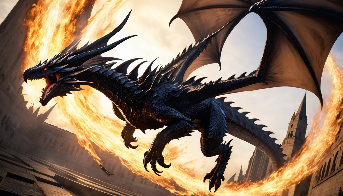 Realistic photos, RAW Photos, Bahamut, attacks viewer, Powerful movements, jump on prey, ((Dynamic jump)), Sharp Claws, Bahamut approaching from above, sudden approach, Bad-tempered, dynamic Shot from grand, flame magic
