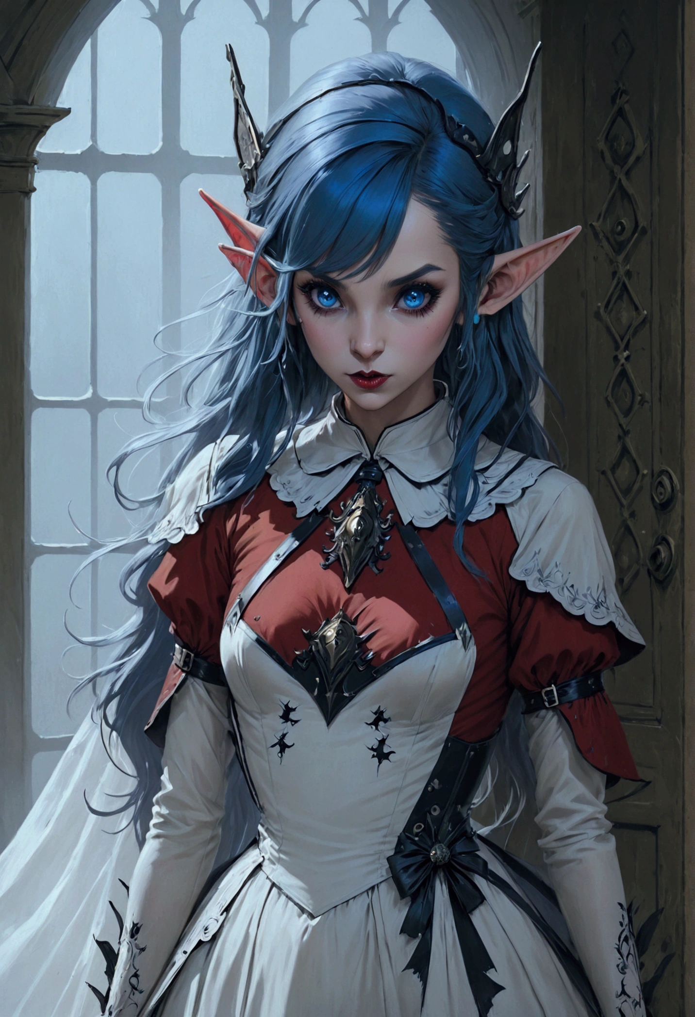 arafed a picture of elf vampire in her castle. an exquisite beautiful female elf vampire (ultra details, Masterpiece, best quality), bloody mouth, blue hair, pale skin, hair in a ponytail, long hair, blue eyes, small pointed ears, cold eyes, smirking, wearing white dress (ultra details, Masterpiece, best quality), red cloak, in dark fantasy library, book shelves, arafed high details, best quality, 16k, [ultra detailed], masterpiece, best quality, (ultra detailed), full body, ultra wide shot, photorealism, RAW, dark fantasy art, gothic art, ArmoredDress, Dark Novel, Dark Art Painting Style, dripping blood, goth person, wearing Haute_Couture designer dress