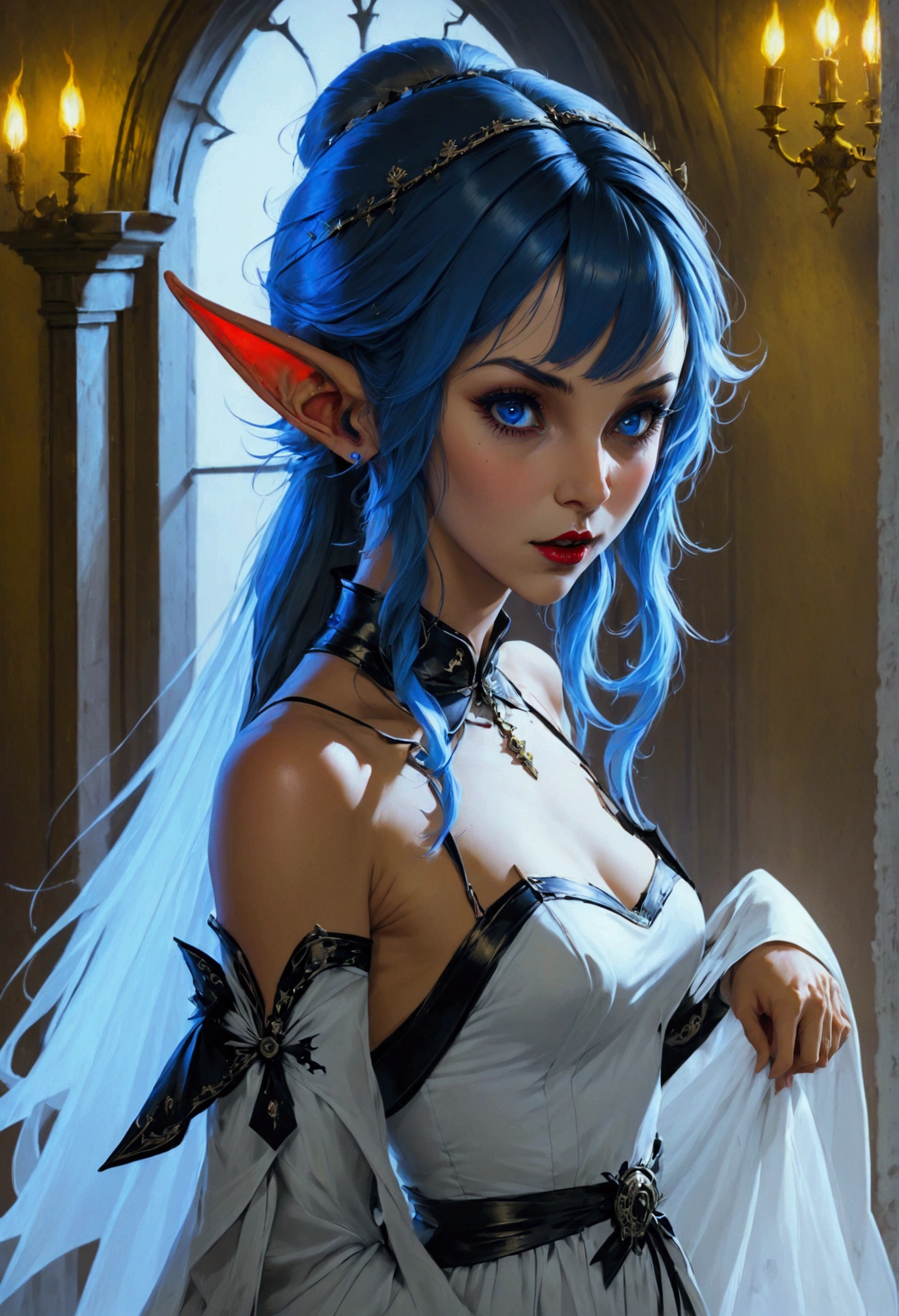 arafed a picture of elf vampire in her castle. an exquisite beautiful female elf vampire (ultra details, Masterpiece, best quality), bloody mouth, blue hair, pale skin, hair in a ponytail, long hair, blue eyes, small pointed ears, cold eyes, smirking, wearing white dress (ultra details, Masterpiece, best quality), red cloak, in dark fantasy library, book shelves, arafed high details, best quality, 16k, [ultra detailed], masterpiece, best quality, (ultra detailed), full body, ultra wide shot, photorealism, RAW, dark fantasy art, gothic art, ArmoredDress, Dark Novel, Dark Art Painting Style, dripping blood, goth person, wearing Haute_Couture designer dress