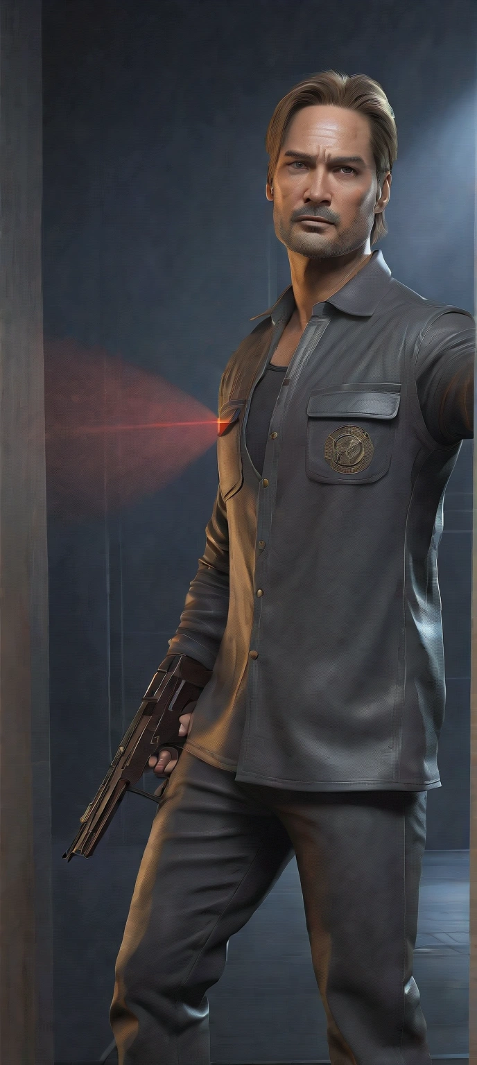 faithful image of actor Josh Holloway without a beard and dressed in costume "Leon kennedy" from the game "Resident Evil 2 remake", He has a gun in his hand and points it forward, serious face, detailled image, he is inside a closed private room with ultra futuristic LED light, has a logo "umbrella" on the wall, there is an Umbrella corporation logo behind it, his face is covered in blood, he holds a pistol with both hands, , he&#39;s shooting a zombie, high resolution
INFO
Size
832X1216
Date
Jul 16, 2024