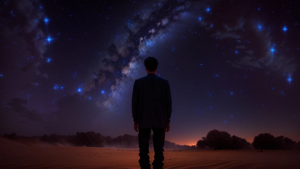 Arabian man standing in front of a starry sky, Starred, Gaze at the stars, Gaze at the stars, Star-filled sky, The background is dark and stars are visible, On a galaxy-like background, Look up at the stars, Gazing into space, Looking into the distance, Looking into the distance, Gazing at the sky