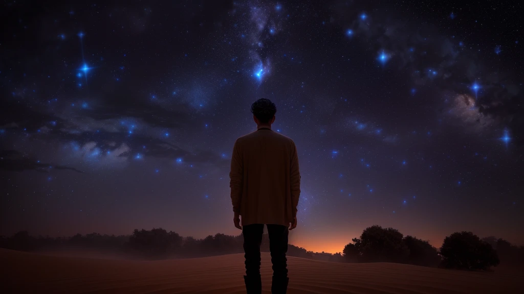 Arabian man standing in front of a starry sky, Starred, Gaze at the stars, Gaze at the stars, Star-filled sky, The background is dark and stars are visible, On a galaxy-like background, Look up at the stars, Gazing into space, Looking into the distance, Looking into the distance, Gazing at the sky