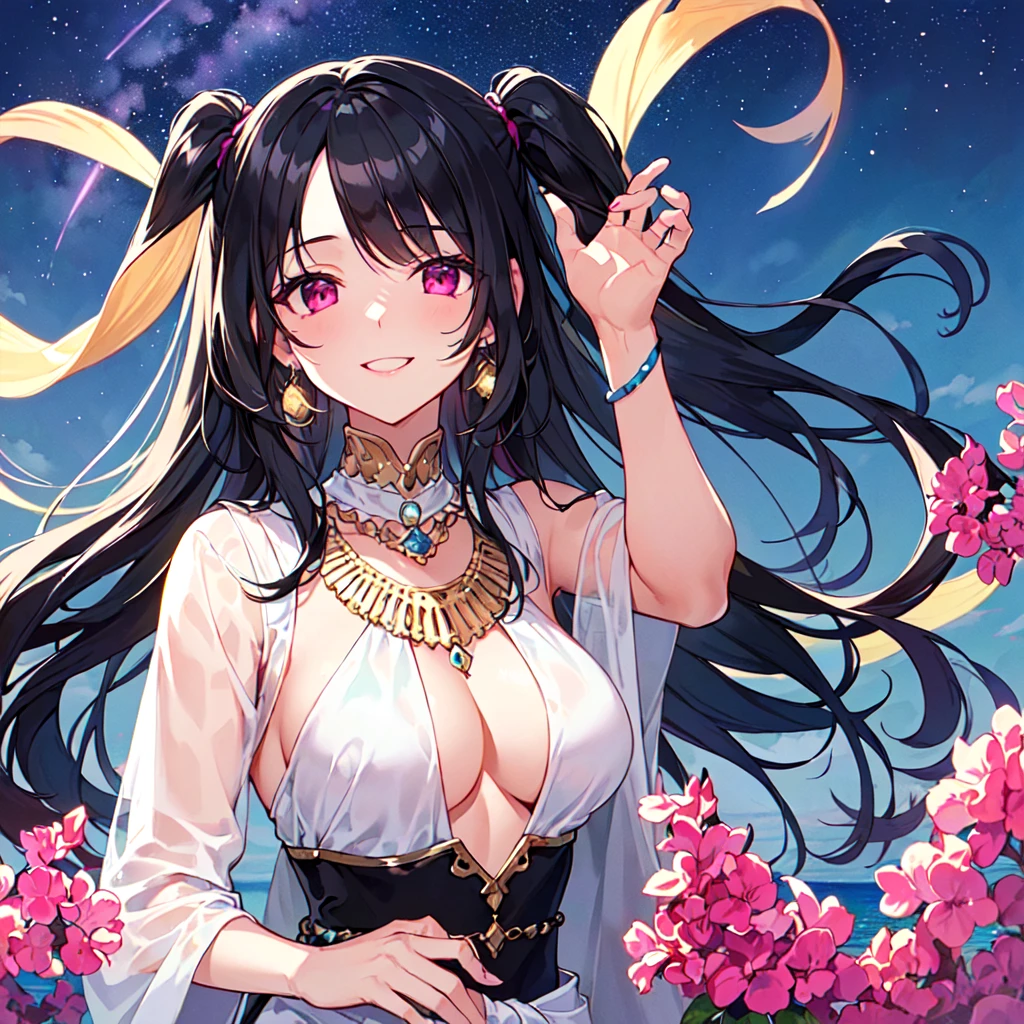 masterpiece, best quality, high quality, extremely detailed, very delicate and beautiful, (1 female 18 years old solo:1.5), (long black hair up to waist with two side up:1.5), bangs to eyebrows, eyes Eyebrows are glossy, (eye color: magenta:1.3), 6.5 head height, (Arabian gorgeous summer fashion:1.3), Arabian earrings, Arabian necklace, (smiling), (standing), (dynamic pose), (background Arabian Sea:1.3), (Milky Way Night Sky:1.3), (upper body:1.3)