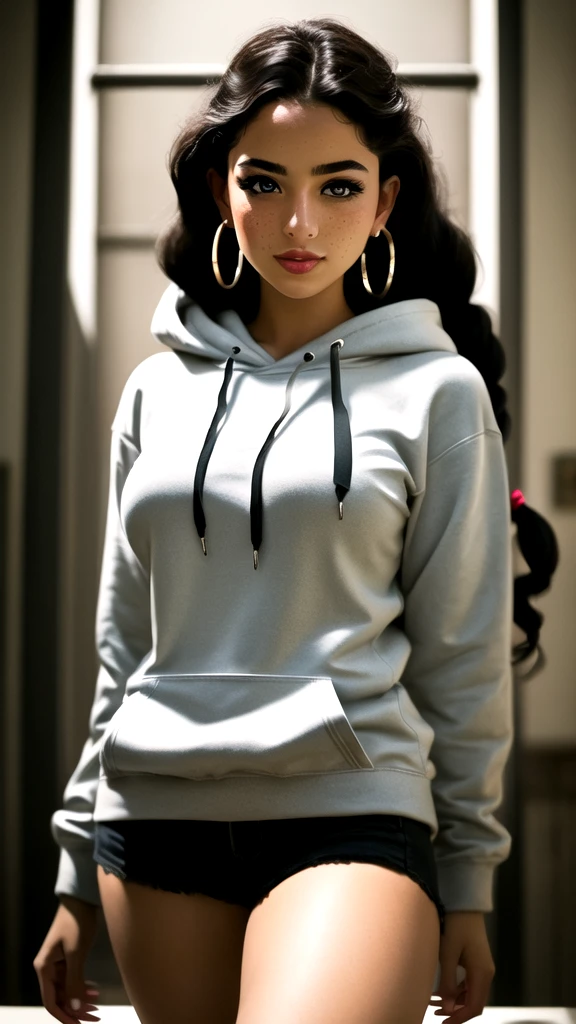 masterpiece,best quality, realistic illustration, style of Philip Lorca diCorcia, Latina girl aged 20yo, 1girl, solo, black long hair, large braid, olive eyes, light freckles, toned body, large breasts, dark skin, wearing a hoodie, hoop earrings, perfect lips, posing for the camera, pretty face, cute face, vignette, realistic facial features, highly detailed body, high budget, bokeh, cinemascope, moody, epic, gorgeous, whole body photo, film grain, grainy