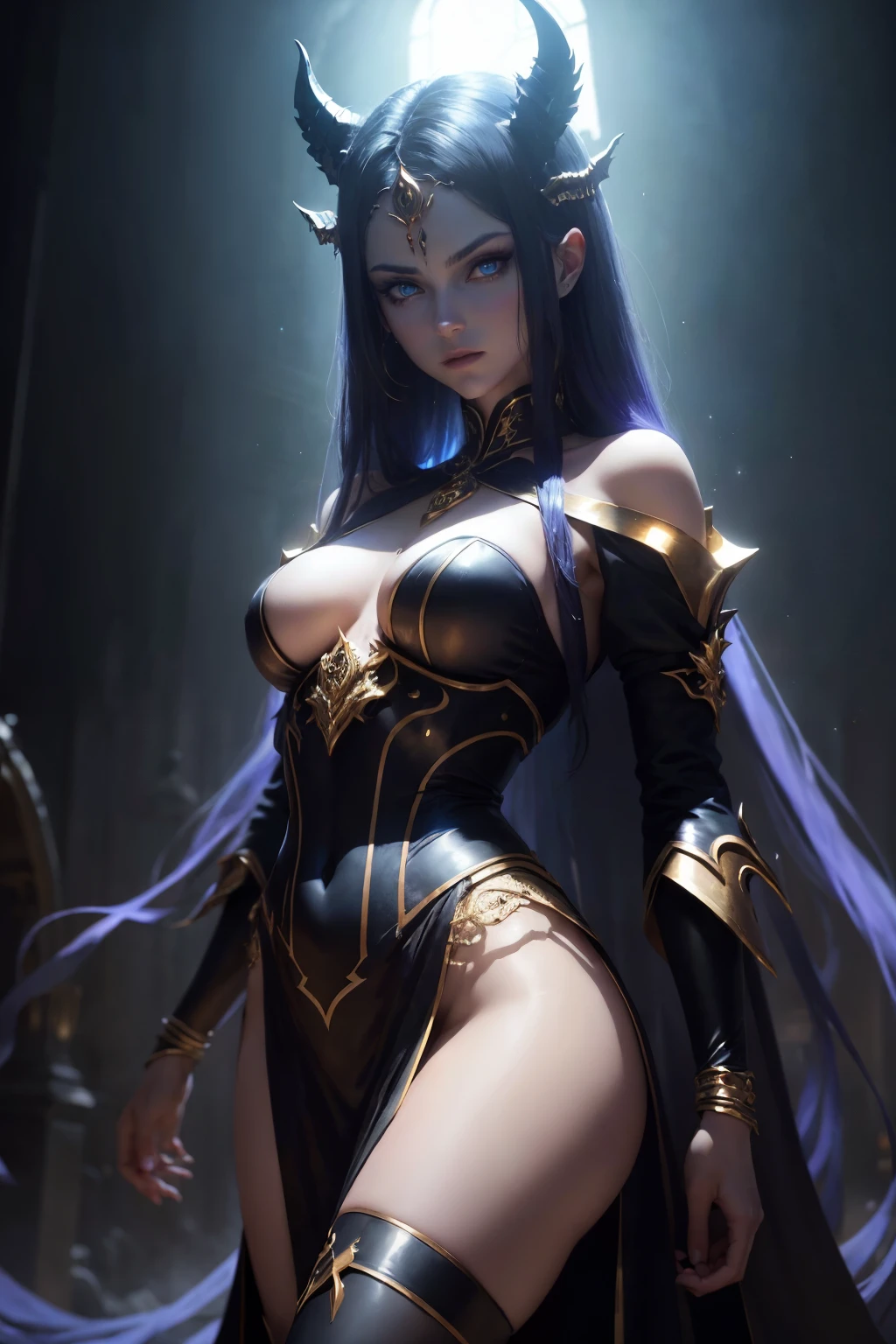 demonic goddess, Astarte, Mysterious and sinister, shining blue eyes, graceful pose, but sinister, dramatic lighting, moody and atmospheric, Cinematic Camera Angle, (best qualityer,4K,8k,high resolution,work of art:1.2),ultra detali,(realisitic,photorealisitic,photo-realisitic:1.37), volumetric lighting, golden hour time