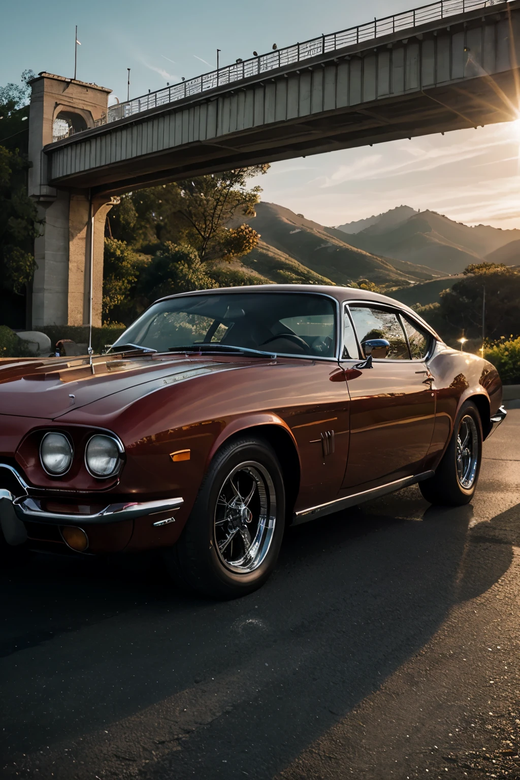 Prompt: Breathtaking cinematic photo of a sleek, vintage car, shiny red body with chrome accents, roaring engine, freshly polished, detailed engine parts, shallow depth of field, highly detailed, high budget, epic Hollywood film, classic, masterpiece, award-winning, professional, highly detailed, intricate interior details, (leather seats: 1), (shiny dashboard: 1), (polished steering wheel: 1), (glossy chrome handles: 1), (reflections in the car's body: 0.8), (sunset reflection: 0.6), (picturesque scenery in the background: