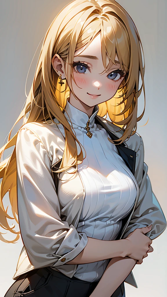 One girl, solo, High resolution, Long Hair, smile, Shortcuts, Blonde, Simple Background, accessories, Earrings, Anatomically correct, Soft Light, Textured skin, suit、Pants Style、White blouse、beautiful girl、