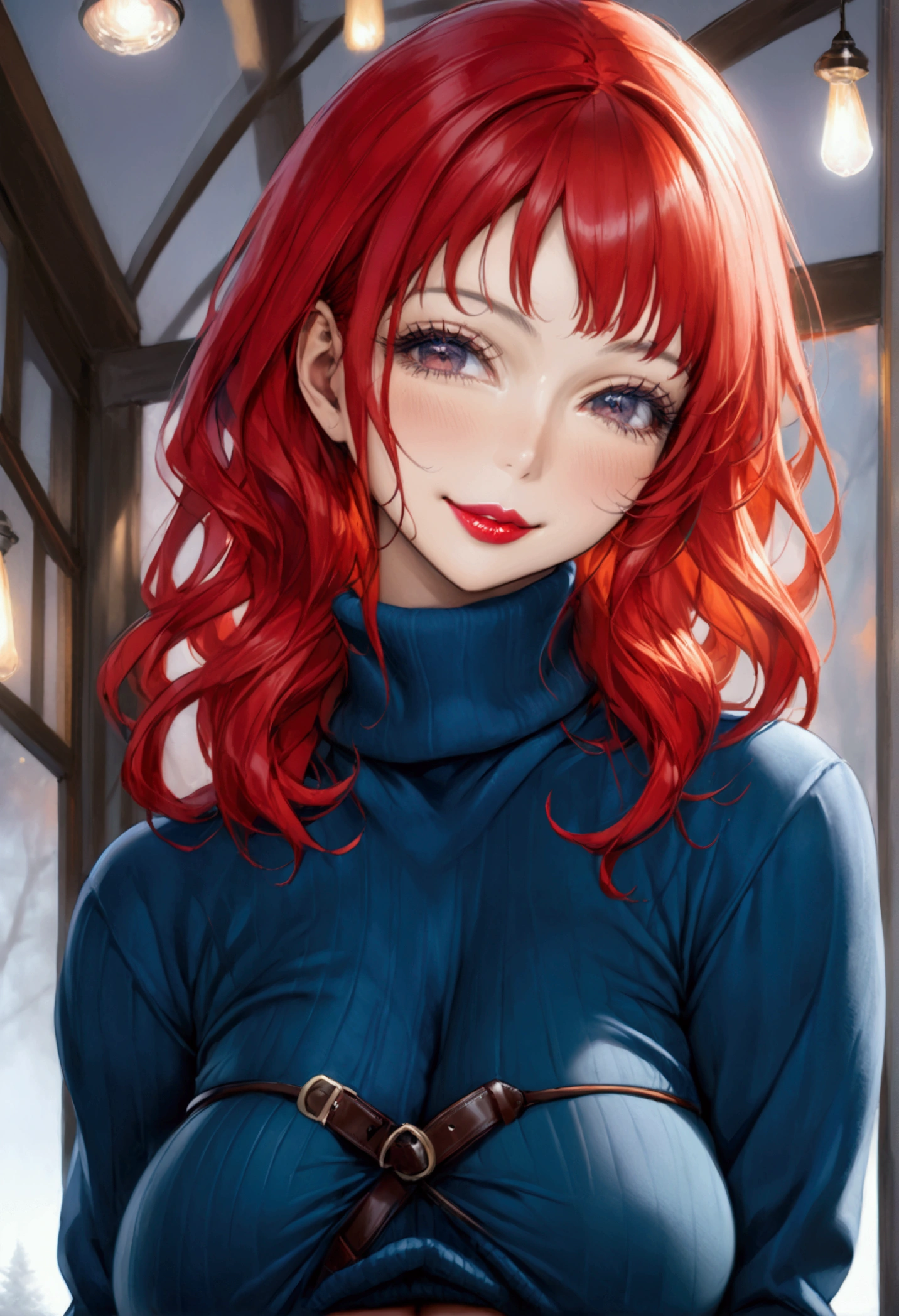 ((A aroused woman with voluptuous perfect toned meaty figure, extreme firm firm firm accurately rounded 34DDD sized erected breasts, covered erected nipples, erotic expressions on face, red lips, and straight red hair)), ((wearing an unwrinkled smooth extreme skintight turtleneck velour blue thick sweater with a belt and a extreme super skintight plush sumptuously velour luxuriously soft ribbed Winter Warm Thermal velvet Fleece Lined Women Leggings)), ((**standing and smiling, facing viewer high quality, detailed face portrait, photorealistic, 8k, masterpiece vivid colors, warm lighting, intricate details, hentai, waifu, full body view**))