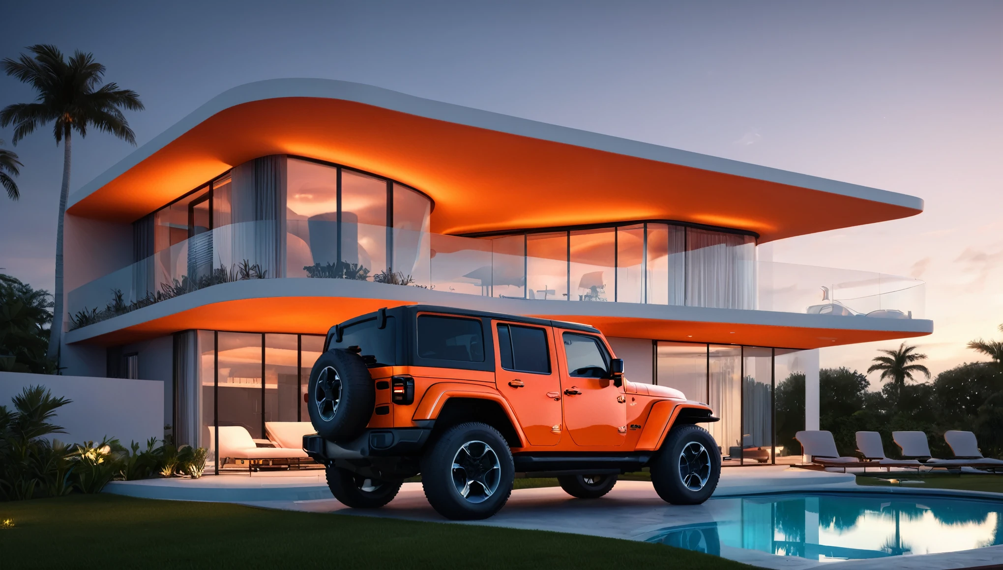 a futuristic house with an orange jeep wrangler parked in front of it, cgsocietywlop, beautiful curves, intricate devilish designs, qualia, interesting shapes & form, wow factor, bioluminescent, colorfull, glow, fluid, glowingelaborate polished, architectural rendering, miami, orange soft lighting in interior of house, futuristic battlefield, inspired by James E. Brewton, precise architectural rendering