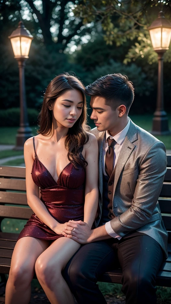 Intimate and high-quality photos of (Couple:1.2), Sit On (Bench:1.1), (Enchanting Light:1.1), sexy, passionate, exquisitely detailed, (sweat:1.1) with (glittering droplets:1.1), castle backgrounds, Sony Alpha 7R IV Camera, Digital Photo, f/2.8 lens, black-red, , Too many realistic textures, trends on social media, night light