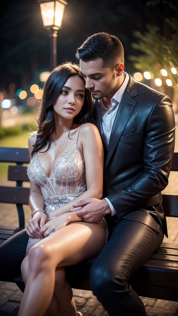 Intimate and high-quality photos of (Couple:1.2), Sit On (Bench:1.1), (Enchanting Light:1.1), , passionate, exquisitely detailed, (sweat:1.1) with (glittering droplets:1.1), castle backgrounds, Sony Alpha 7R IV Camera, Digital Photo, f/2.8 lens, black-red, , Too many realistic textures, trends on social media, night light