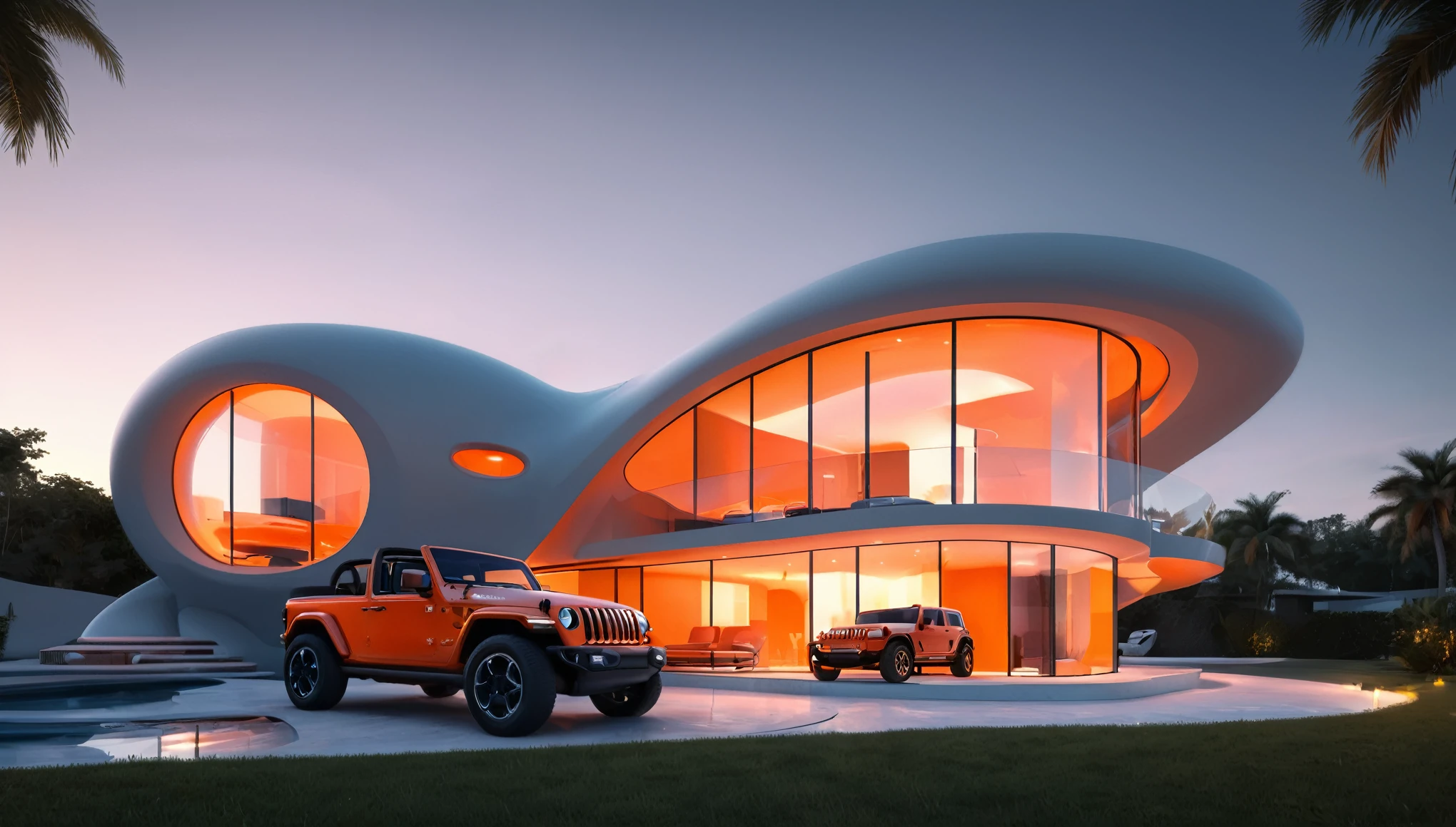 a futuristic house with an orange jeep wrangler parked in front of it, cgsocietywlop, beautiful curves, intricate devilish designs, qualia, interesting shapes & form, wow factor, bioluminescent, colorfull, glow, fluid, glowingelaborate polished, architectural rendering, miami, orange soft lighting in interior of house, futuristic battlefield, inspired by James E. Brewton, precise architectural rendering