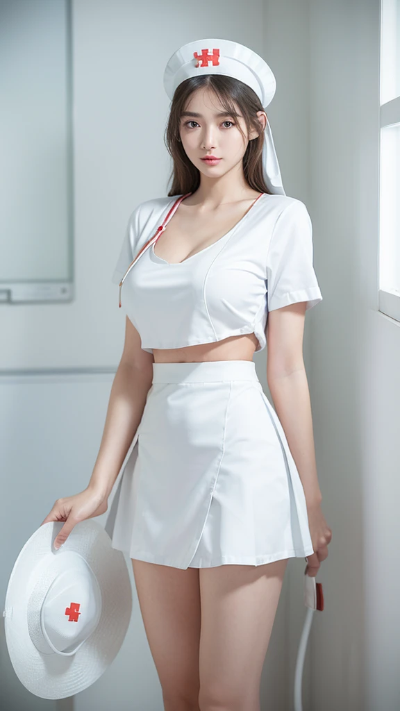 innocent 25 year old girl,giant :1.2,cleavage of breasts:1.2、(panty shot:1.3) (white nurse uniform:1.5),( White short skirt:1.5),(White nurse hat:1.5),(white nurse pumps:1.5), Angle:1.2、The background is a hospital room.、laugh,shortcut、RAW photos, (8k、top quality、masterpiece:1.2)、(intricate details:1.4)、(realistic:1.4)、octane rendering、Complex 3D Rendering Ultra Detailed, studio soft light, rim lights, vivid details, super detailing, realistic skin texture, detail face, Beautiful eye for detail, Highly detailed CG Unity 16k wallpaper, assembly, (detailed background:1.2), glowing skin, whole body