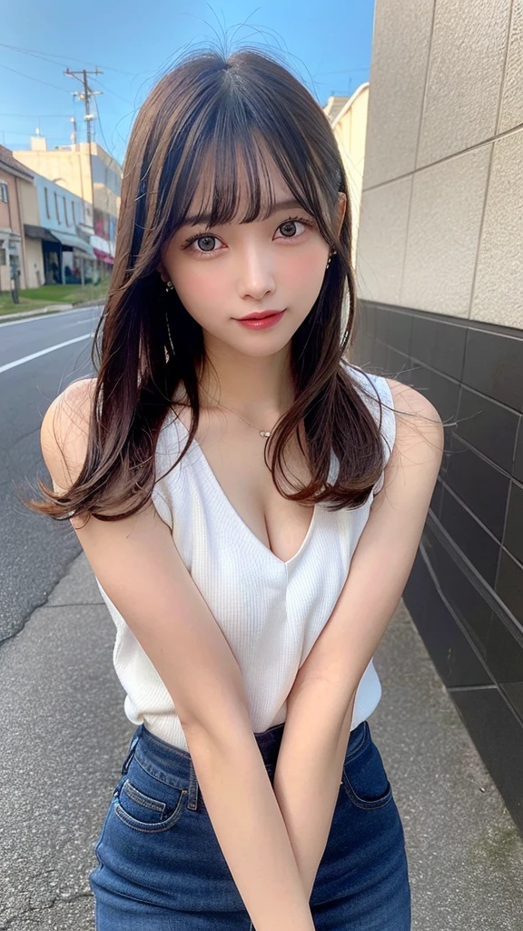 highest quality, shape, Very detailed, finely, High resolution, 8k wallpaper, Perfect dynamic shape, Beautiful and detailed, Summer clothes,Medium Hair,Natural color lip,smile,20-year-old girl、Midnight、Beautiful and elaborate face、Perfect and beautiful face、Slim face and figure,spread your arms wide,Big eyes,Take a photo with your face raised from below your knees、Small face、Beautifully detailed face、Perfect and beautiful double eyelids、Big cleavage、Long, Slender legs、One Woman、gravure、Skinny jeans、Watching the audience、runVery long hair, Blushing,