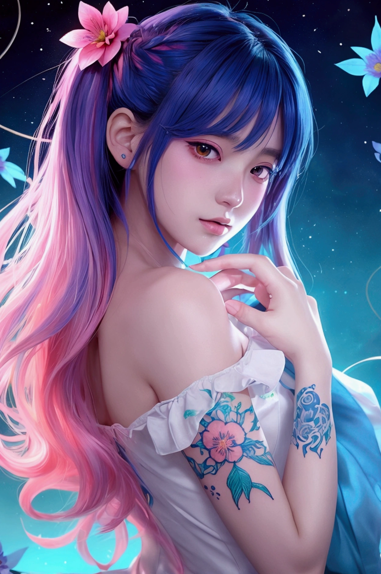 A detailed, anime-style illustration of a girl's arm with a glowing neon flower tattoo. The tattoo features intricate flowers and leaves in vibrant blue and pink. The girl's long hair flows gently and she wears a white off-the-shoulder dress. The lighting is soft and dreamy, highlighting the glowing tattoo. --ar 3:4 --stylize 700 --niji 6