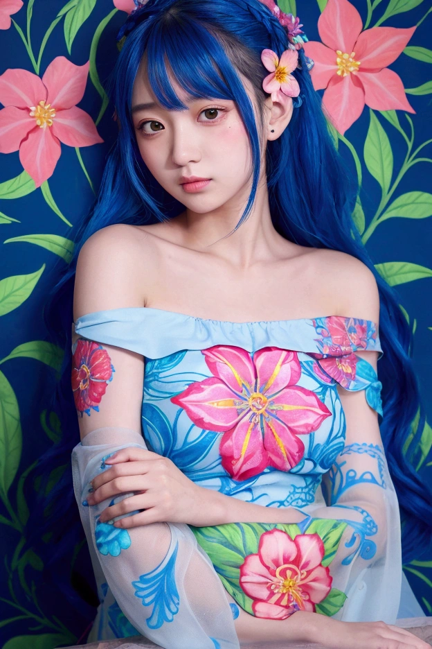 A detailed, anime-style illustration of a girl's arm with a glowing neon flower tattoo. The tattoo features intricate flowers and leaves in vibrant blue and pink. The girl's long hair flows gently and she wears a white off-the-shoulder dress. The lighting is soft and dreamy, highlighting the glowing tattoo. --ar 3:4 --stylize 700 --niji 6