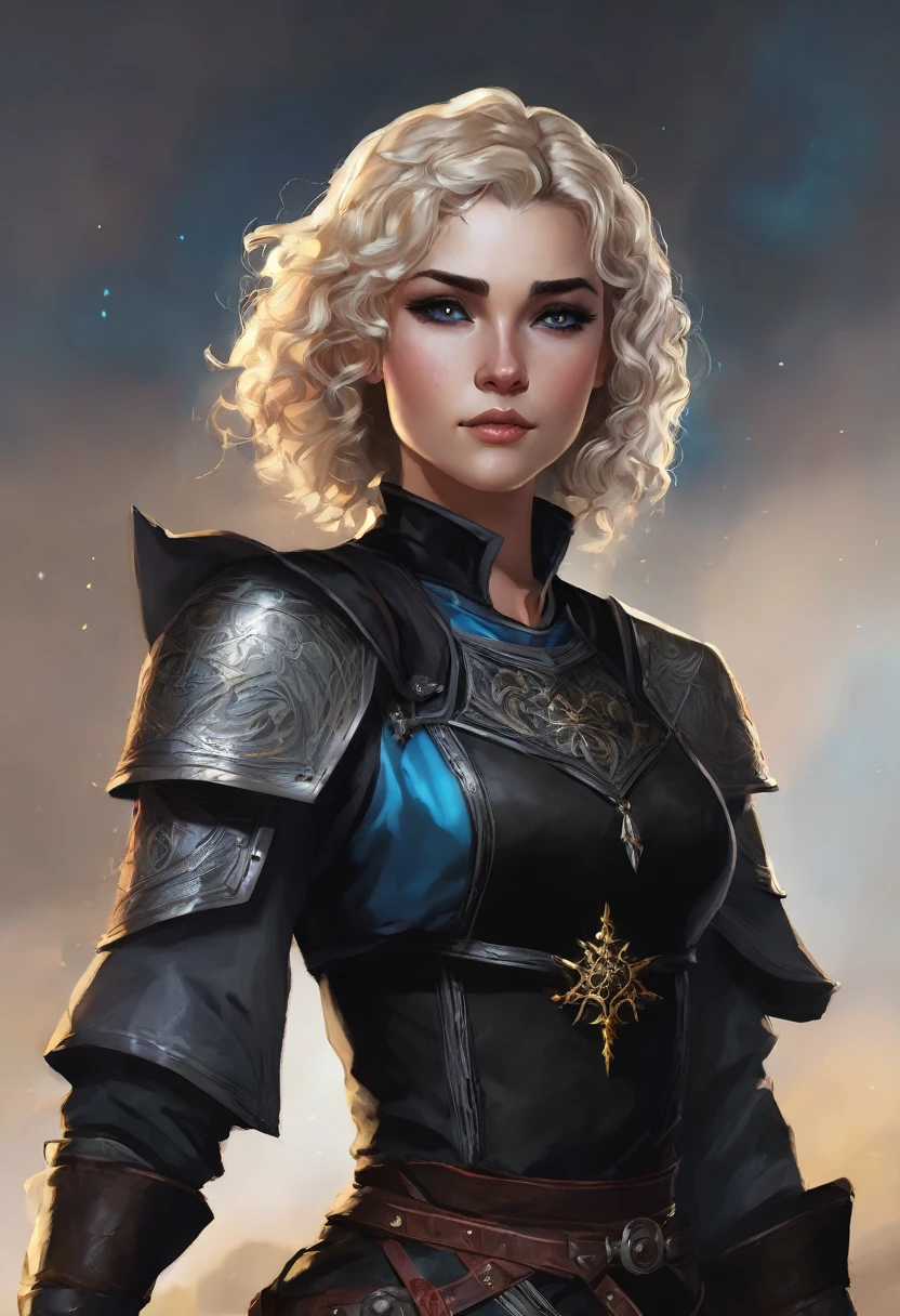 Necromancer Ranger Female, short curly hair blonde with highlights, medieval times, blue-grey eyes ,dark background. black colored clothes, little daughter