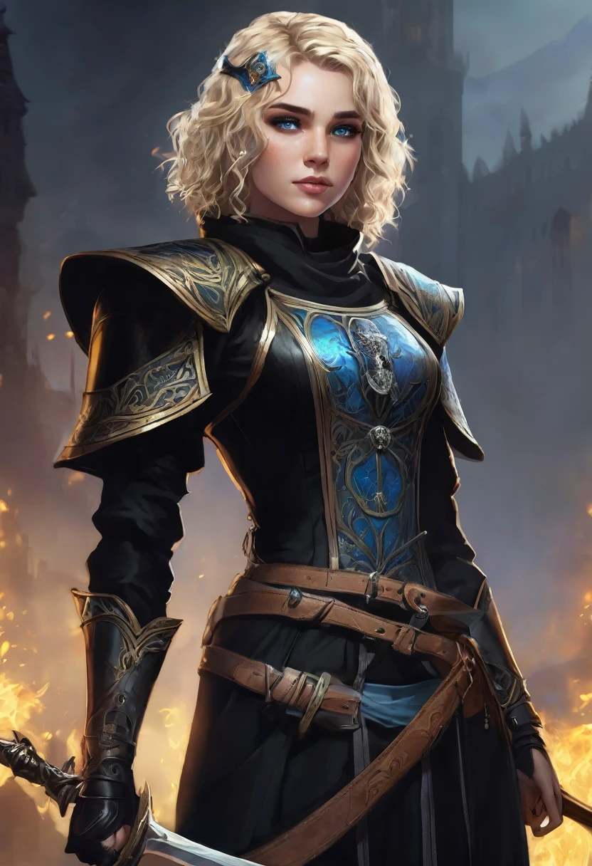 Necromancer Ranger Female, short curly hair blonde with highlights, medieval times, blue-grey eyes ,dark background. black colored clothes, little daughter