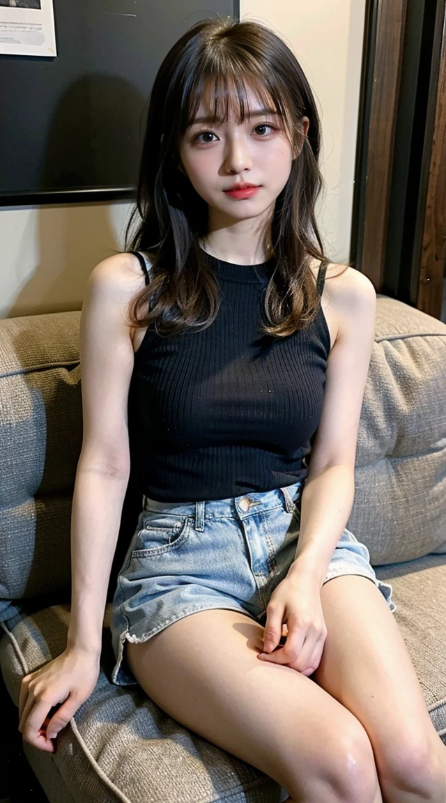 Highest quality、8k、Junior high school girl、Black knee-high socks、Black knee socks、Thighs、Big Breasts、Tank top、Denim shorts、stretch、Leg spread
