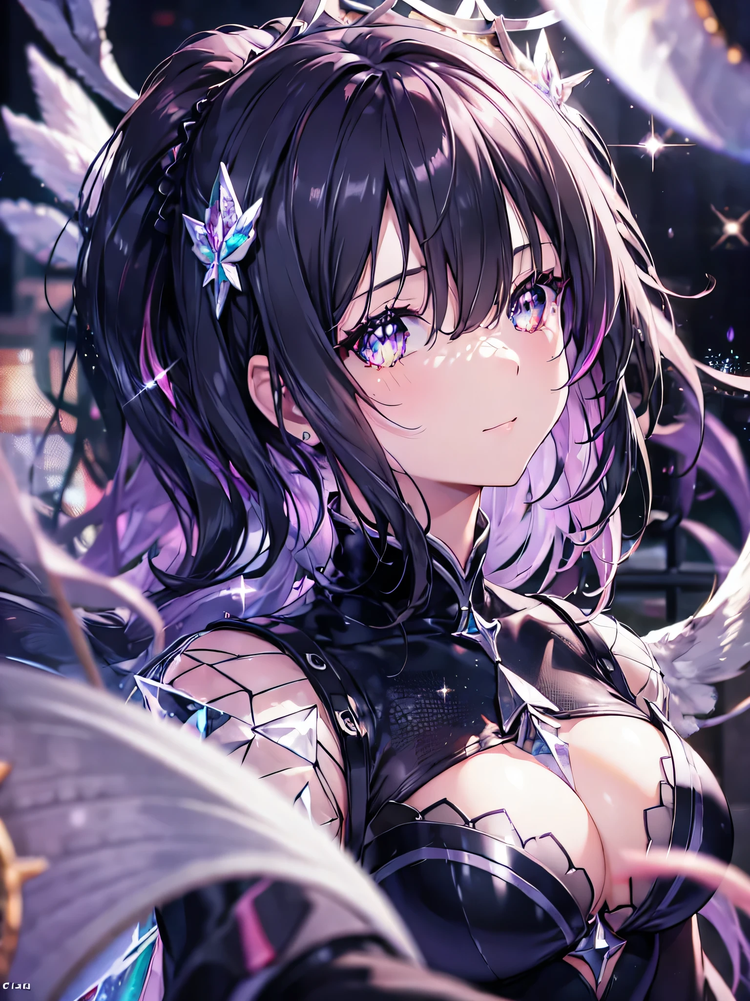 ((ultra detailed, exquisite quality, absolutely resolution)), (anime moe art style:1.3), (((solo girl))), (((black Diamond dress))), (((dress at brilliancious, glare, glitter, reflections, prisms, transparency:2)), (huge breasts:1.5), (hair, ponytail, fluffy long Expressive), head tilt, happy smile, looking at viewer, (finger to mouth), (((face close-up, face focus, eyes focus, blurry background, depth of field:2))), (isometric 3D, octane render, ray tracing:1.5), cinematic shadows, backlighting, (particle effect, caustics:1.5), ((super detailed skin)), (hyper detail delicate eyes, hyper beautiful eyes), (bright pupils),  ((pupils)),  lip focus, light lips, (feathers:1.3) 