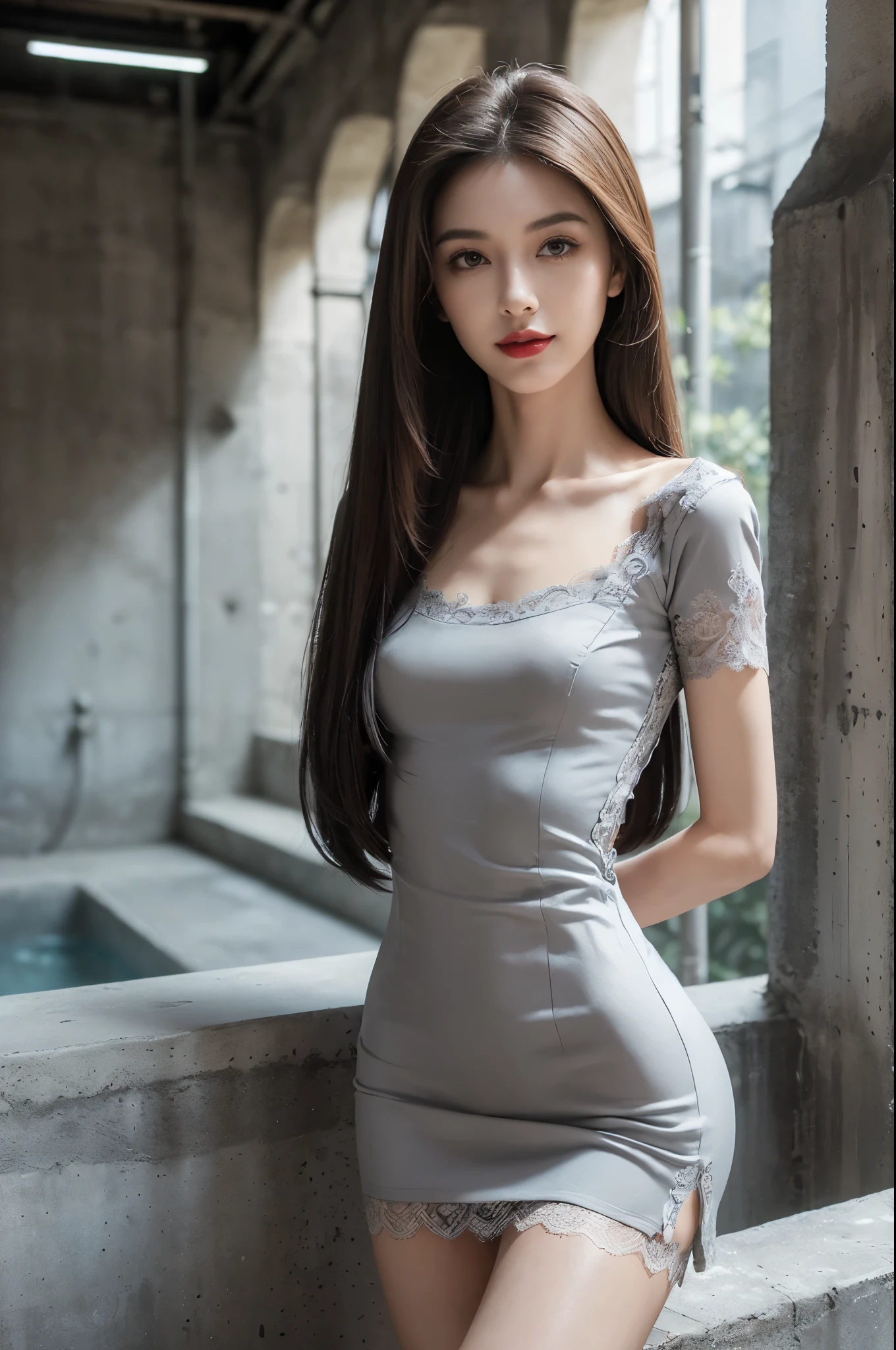 (((best quality))),(((ultra detailed))),(((masterpiece))),illustration,((1 beautiful girl,solo)),((slim,thin)),((small breasts,flat chest)),(shoulder length straight hair:1.2),summer afternoon,((unfinished concrete room,alluring,gray walls)),(short sleeves:1.2),(black lace dress:1.3),(slender legs:1.2),(seductive,elegant,full bosom,fair skin,golden strands,delicate features,deep brown eyes,mischief,mystery,enchanting smile,vibrant red lips,serene beauty,self-assuredness,industrial ambiance,raw cement walls,exposed pipes,sexuality,allure,refined beauty,compelling visual narrative,seductive gaze,elegant posture,industrial backdrop,lasting impression,((standing,from front,upper body,arms behind back))