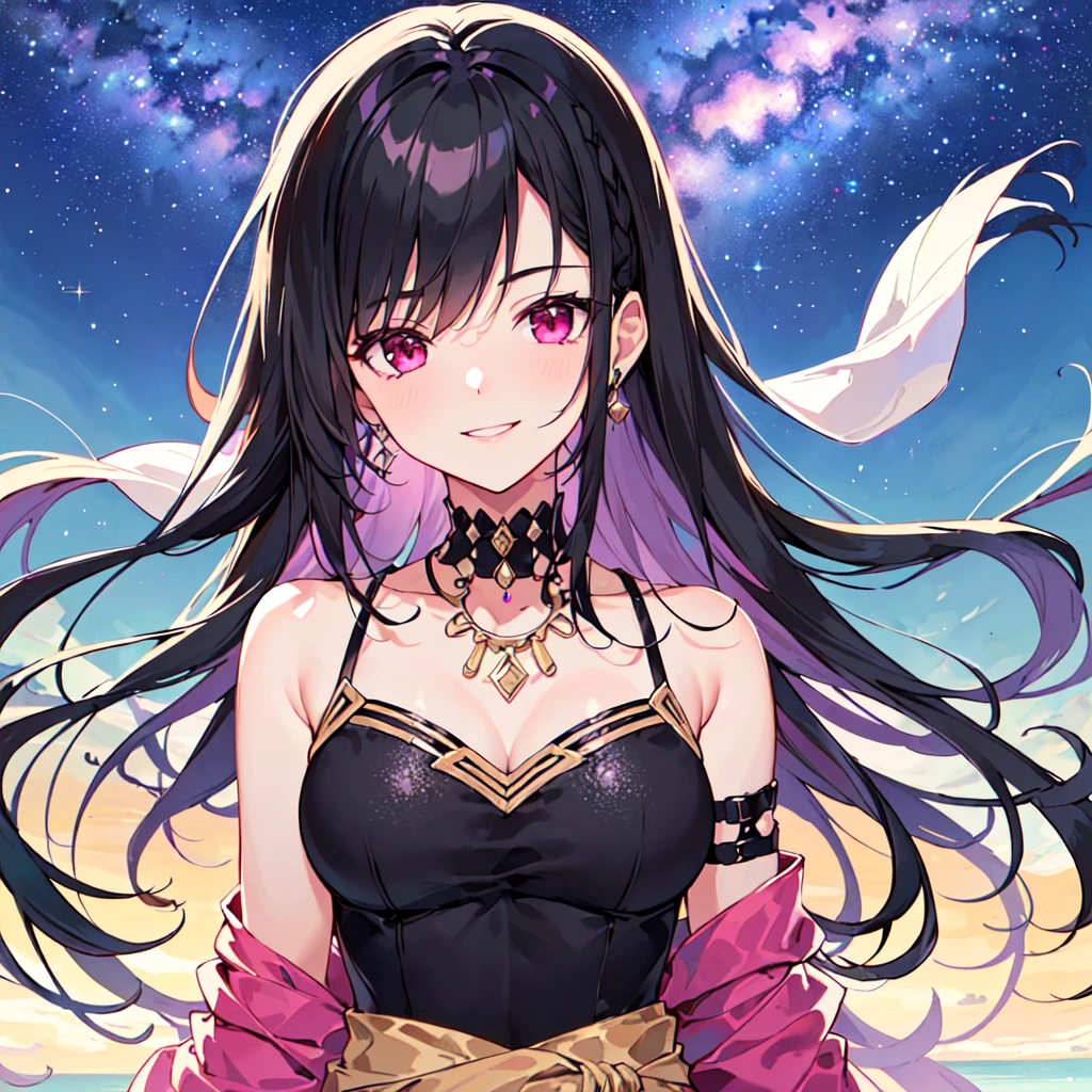 masterpiece, best quality, high quality, extremely detailed, very delicate and beautiful, (1 female 18 years old solo:1.5), (long black hair up to waist with two side up:1.5), bangs to eyebrows, eyes Eyebrows are glossy, (eye color: magenta:1.3), 6.5 head height, (Arabian gorgeous summer fashion:1.3), Arabian earrings, Arabian necklace, (smiling), (standing), (dynamic pose), (background Arabian Sea:1.3), (Milky Way Night Sky:1.3), (upper body:1.3)