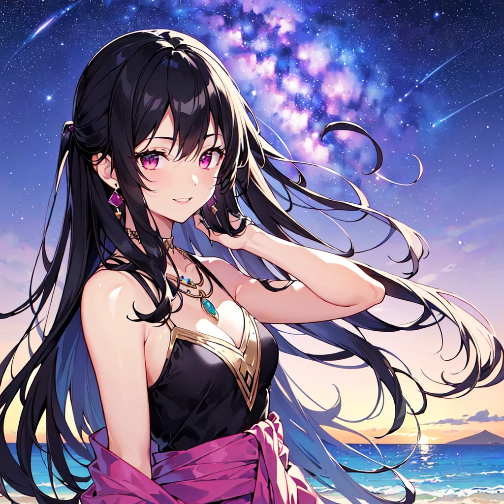 masterpiece, best quality, high quality, extremely detailed, very delicate and beautiful, (1 female 18 years old solo:1.5), (long black hair up to waist with two side up:1.5), bangs to eyebrows, eyes Eyebrows are glossy, (eye color: magenta:1.3), 6.5 head height, (Arabian gorgeous summer fashion:1.3), Arabian earrings, Arabian necklace, (smiling), (standing), (dynamic pose), (background Arabian Sea:1.3), (Milky Way Night Sky:1.3), (upper body:1.3)