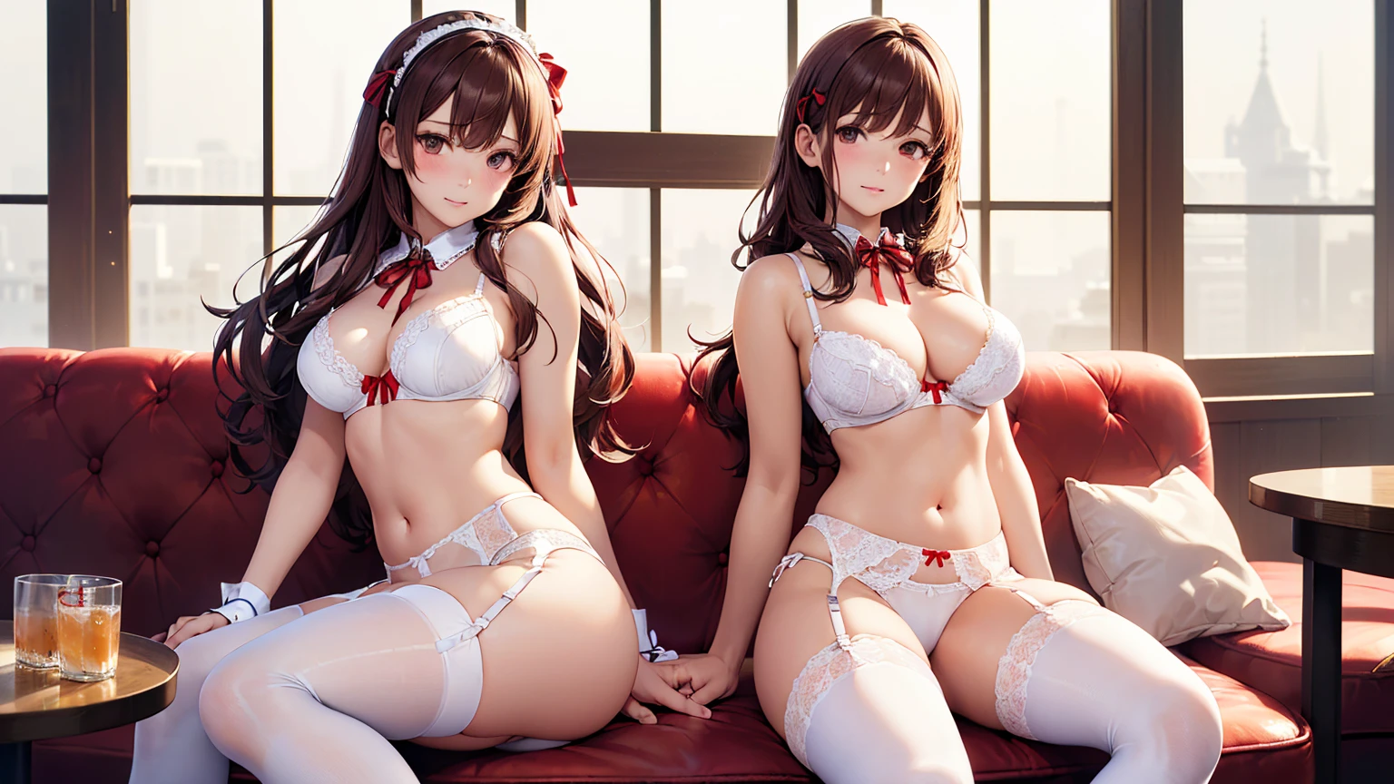 (((masterpiece, Highest quality, High resolution, 超High resolution, Perfect Pixel, Depth of written boundary, 4K, RTTX 10.0))), Beautiful Anime Woman, Beautiful art style, Anime characters, ((Smooth texture, Realistic texture, Anime CG Style)), Exact finger count、Exact number of legs、(Exact number of arms:1.0, Exact number of hands:1.0), (Perfect hands, Perfect Anatomy), Cinematic, Realistic, Extremely detailed CG, Daytime lighting, Perfect lighting, Best Shadow, The best natural light, whole body, Perfect body, バランのとれたPerfect body, Perfectly balanced style, Slender body, ((Long Hair, bangs, Reddish brown hair, Fashionable hairstyle)), ((5人のIn underwearの女性は横に並んで立っている:1.8)), ((Bow tie around neck:1.3), (Sexy and cute white underwear:1.3), (Stylish shiny white satin panties, Side-tie panties, Panties with plain white center and lace decoration on the sides:1.3), (Thin panties with red ribbon:1.3), (White micro lace satin bra, White bra with lace trim, Thin bra with red ribbon:1.3), (garter belt, Knee socks:1.3):1.3), (Beautiful and big breasts:1), (Embarrassed expression:1.4), blush, (Stylish bar, Stylish cafe:1.5), naked, In underwear, Waitress in underwear, (Frilly maid-like headband:1.2), whole body, Angle from the front