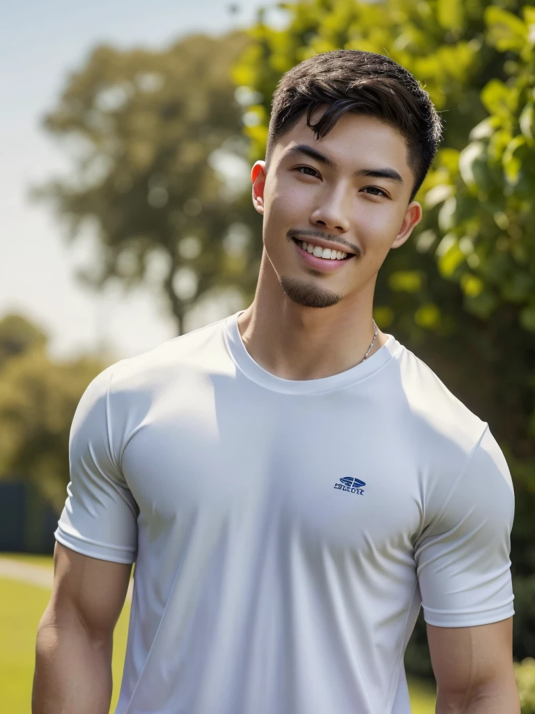 Tony Labrusca, (As a matter of fact, Masterpiece, 8k HD, good light quality, sportswear, fit the face, complicated details), A handsome, muscular young Korean man. , 20 years old, be happy, smile brightly, detailed face, delicate eyes, มองดูsky, Wear a navy tight T-shirt., period, black eyes, Black hair color, ผมsmooth, smooth, outdoor sports, Along the garden, Sunny,sky,Surreal,Superb details,Highest quality,real,