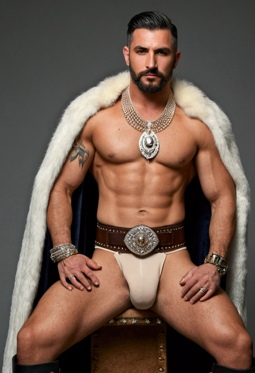 1boy, Assyrian, solo, facial hair, yrs old, daddy, male focus, flaccid penis, pectorals, bara, muscular, mature male, muscular male, abs, beard, ring nipples, tattoo pecs, short hair, navel, stomach, large pectorals, thick eyebrows,jewelry, belt, necklace, bracelet, crown, jewelry, necklace, cape, fur trim, armlet, bracelet, throne, ring, underwear/loincloth/pelvic curtain, chain, open clothes/shirt/vest/coat, tattoo, boots, gloves, bare pectorals, fair-skinned male, sexyroyalty, erection, thighs, erection under clothes, tan skin, belt, pectoral cleavage, cowboy shot, feet out of frame, thick thighs, looking at viewer, masterpiece, 4k, high quality, highres, absurdres,