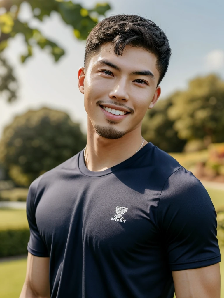 Tony Labrusca, (As a matter of fact, Masterpiece, 8k HD, good light quality, sportswear, fit the face, complicated details), A handsome, muscular young Korean man. , 20 years old, be happy, smile brightly, detailed face, delicate eyes, มองดูsky, Wear a navy tight T-shirt., period, black eyes, Black hair color, ผมsmooth, smooth, outdoor sports, Along the garden, Sunny,sky,Surreal,Superb details,Highest quality,real,