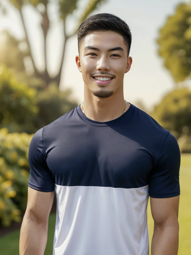 Tony Labrusca, (As a matter of fact, Masterpiece, 8k HD, good light quality, sportswear, fit the face, complicated details), A handsome, muscular young Korean man. , 20 years old, be happy, smile brightly, detailed face, delicate eyes, มองดูsky, Wear a navy tight T-shirt., period, black eyes, Black hair color, ผมsmooth, smooth, outdoor sports, Along the garden, Sunny,sky,Surreal,Superb details,Highest quality,real,
