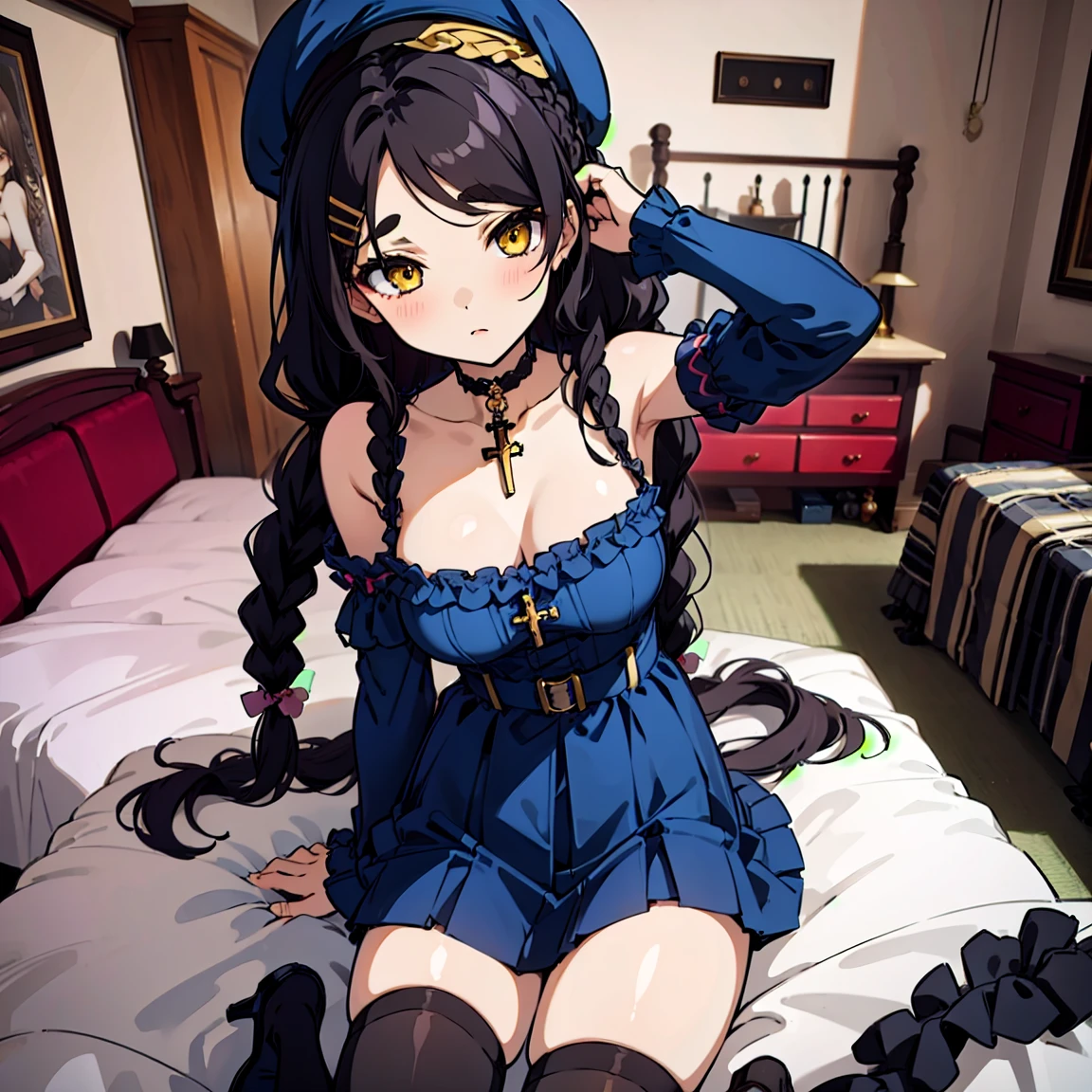 (masterpiece:1.2), (high quality:1.2), girls with((1girl, solo, black hair, yellow eyes, (wavy long hair, wearing a millitary beret, braids, hairclips, short thin eyebrow:1.55), (right swept bangs:1.4), blush, breasts, choker, cleavage, coat, cowboy shot, dress, (blue clothes, arm warmers, black armwear:1.3), ribbon waist belt, collar, collarbone, rosary, rosary choker, cross,, large breasts, long sleeves, medium breasts, sleeveless, cleavage, thighhighs, single thighhigh, exposed legs, exposed foots, left thighhigh, solo, legs, high heels, sittings)), background with((bedroom, room:2.0))