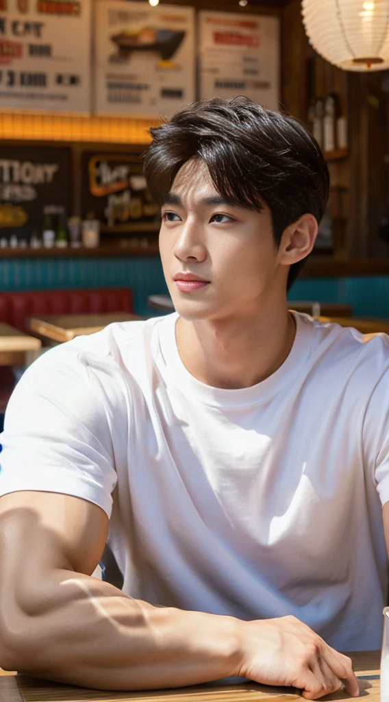 ((realistic daylight)) , Young Korean man in a white t-shirt Denim shirt, jeans, A handsome, muscular young Asian man looks at the camera. , in the restaurant ,turn sideways