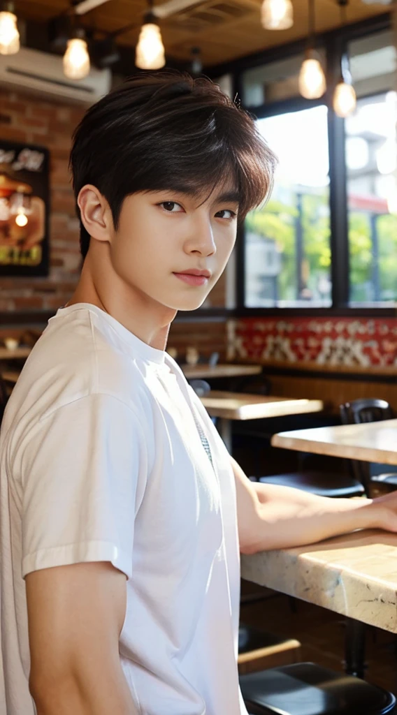 ((realistic daylight)) , Young Korean man in a white t-shirt Denim shirt, jeans, A handsome, muscular young Asian man looks at the camera. , in the restaurant ,turn sideways