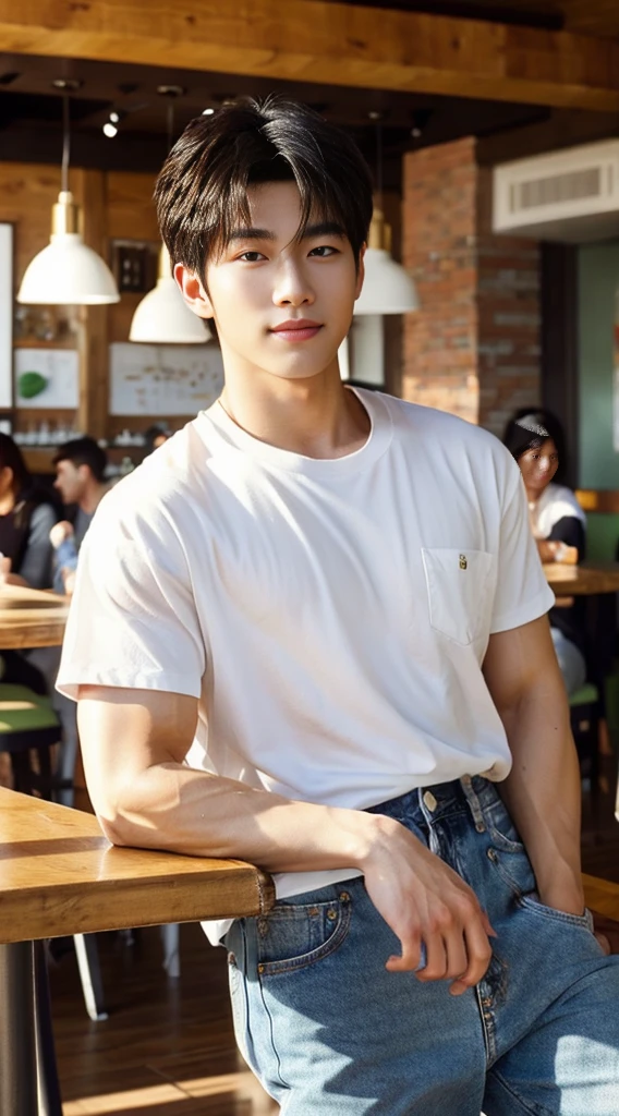 ((realistic daylight)) , Young Korean man in a white t-shirt Denim shirt, jeans, A handsome, muscular young Asian man looks at the camera. , in the restaurant ,turn sideways