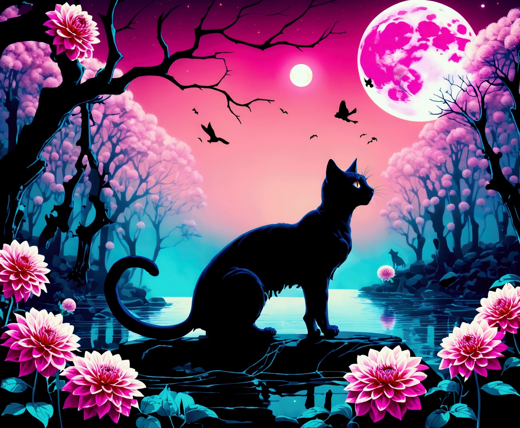 Create a vivid, detailed, dark-whimisical, digital illustration with pop-surrealist elements depicting a completely (Skeletal cat:1.5) in enchanted nocturnal forest. (Vibrant pastel color palette:1.3) with purples, pinks, and teals. (Giant full moon:1.2) illuminating scene. Bare trees frame the composition. (Lush pink dahlias:1.4) surround skeleton kitty. Ethereal (glowing particles:1.1) float throughout. Small waterfall and reflective pool in foreground.  Atmosphere evokes beautiful melancholy and magical realism. Theme: juxtaposition of life and death, nature's cycle. (Masterful use of lighting and color contrast:1.4) to create depth and otherworldly ambiance. Render with smooth gradients and intricate bone details. 
