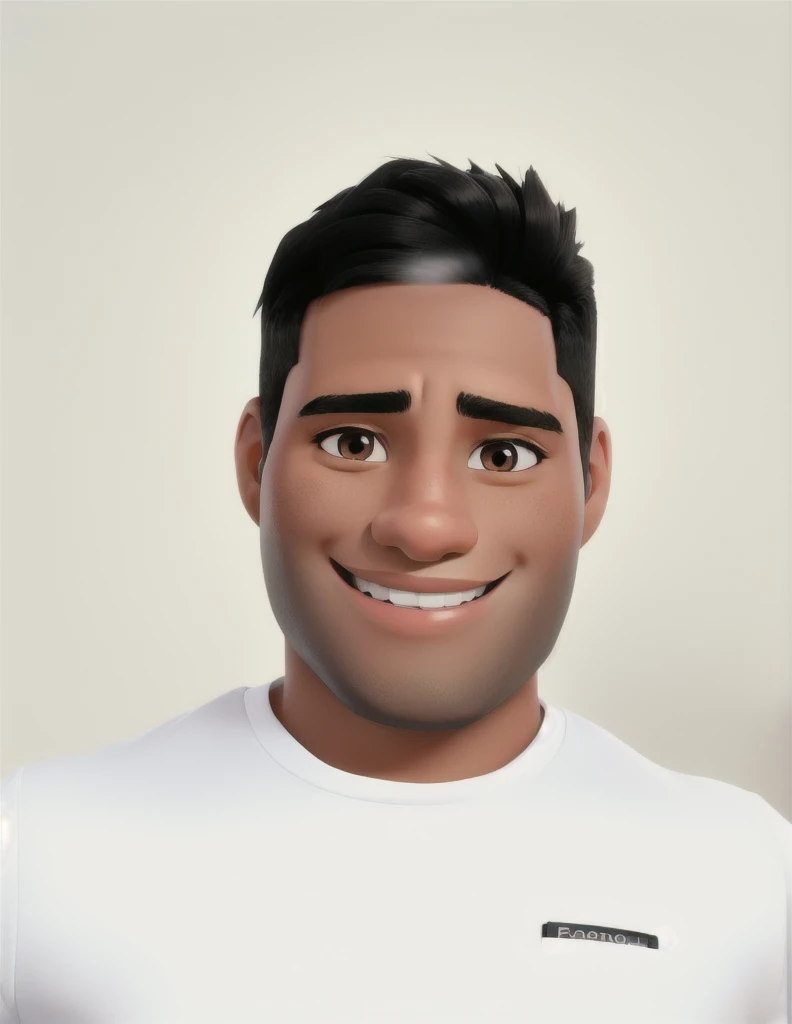 man with black hair, smiling, with a white wall in the background.