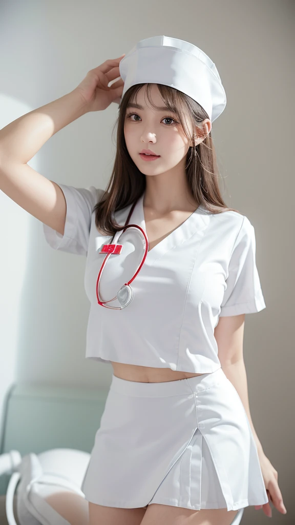 ((Small underboob)), (shoulder-length straighthair: 1.2), Black hair,Short ponytail，Upper body, （Extremely meticulous CG 8k wallpaper），（Extremely refined and beautiful），（Masterpiece），（best qualtiy：1.0），（Ultra High Resolution：1.0），beautiful light up，Perfect lightning，realistic shaded，[A high resolution]，Smooth and flawless fair skin，Extremely exquisite facial details，（perfect body：1.1），ultra - detailed,A beautiful girl，small head，(Small breasts:1.1)，Flat chests，slim，thin，Smile，cheerfulness,(doctor's white coat:1.7),(white pantyhose:1.4),autumn,Morning,A female doctor，wearing glasses,Medical mask,In a dilapidated hospital，In the office,(Sitting in a chair next to the computer:1.5),Close Shot,(piles of red bills stacked on the table:1.5),cowboy shot,Portrait above chest level